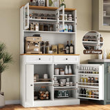 Tall Pantry Cabinet, Modern Kitchen Hutch with Microwave Stand, Kitchen Pantry Storage Cabinet with 2 Darwers & Door Shelf, Food Pantry with Glass Doors & Adjustable Shelves for Dining Room, White Gyfimoie
