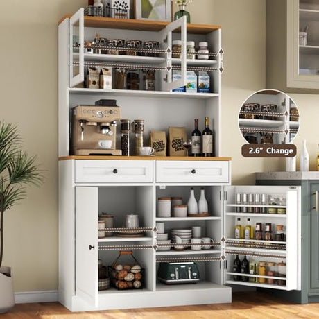 Tall Pantry Cabinet, Modern Kitchen Hutch with Microwave Stand, Kitchen Pantry Storage Cabinet with 2 Darwers & Door Shelf, Food Pantry with Glass Doors & Adjustable Shelves for Dining Room, White Gyfimoie