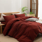 BESTOUCH Duvet Cover Set 100% Washed Cotton Linen Feel Super Soft Comfortable Chic Lightweight 3 PCs Home Bedding Set Solid Fired Brick Red Full/Double BESTOUCH