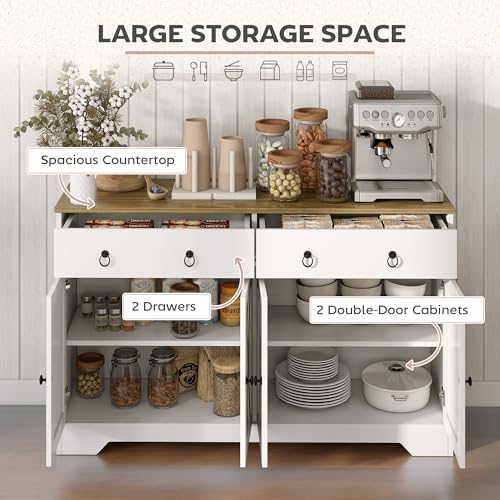 HOMCOM 48" Sideboard Buffet with Storage, Kitchen Storage Cabinet with 2 Drawers and 4 Barn Doors, Farmhouse Coffee Bar Cabinet with Adjustable Shelves, White HOMCOM