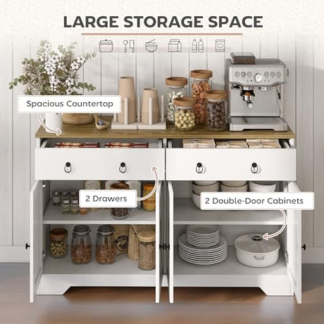 HOMCOM 48" Sideboard Buffet with Storage, Kitchen Storage Cabinet with 2 Drawers and 4 Barn Doors, Farmhouse Coffee Bar Cabinet with Adjustable Shelves, White HOMCOM
