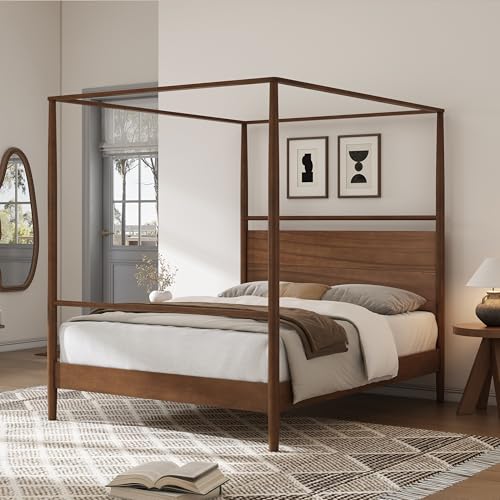 Solid Wood Canopy Platform Bed Queen Size,Mid-Century Modern Four Posters Platform Bed Frame with Full-Length Slide Rails & Headboard,Under-Bed Space,No Box Spring Needed,Walnut