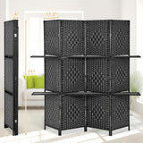Room Divider Folding Portable Privacy Wooden Screen 4 Panel Partition Wall Indoor/Outdoor Folding Screen w/Dual-Sided Hinges & 2 Removable Display Shelves for Home Office, Black Dkeli