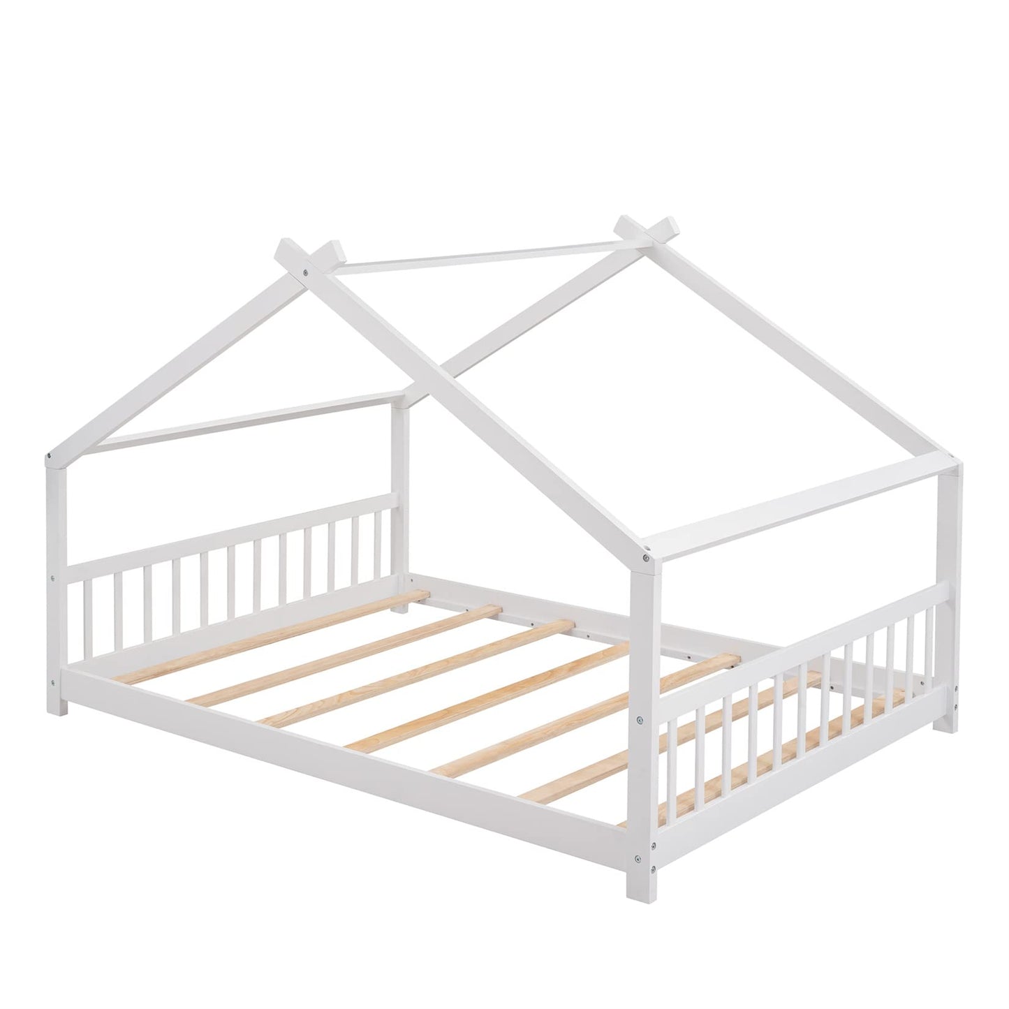 Full House Beds White Montessori Bed Wood Frame Kids Platform Bed with Headboard & Footboard for Children Boys Girls Teens - WoodArtSupply