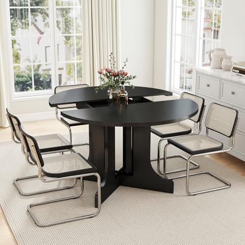 Zevemomo 43"-59" Extendable Dining Room Table for 4-6, Expandable Round Dining Table, Oval Tabletop with Trestle X-Shaped Base & Metal Track for Office, Living Room-Black Zevemomo