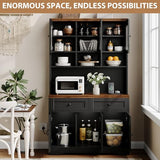 GarveeHome Pantry Cabinet with Charging Station, Tall Kitchen Pantry Storage Cabinet with Hutch,70.8 Inch Kitchen Cabinet with 30mm Thickened Countertop, Fluted Glass Doors, for Dining Room, Balck GarveeHome