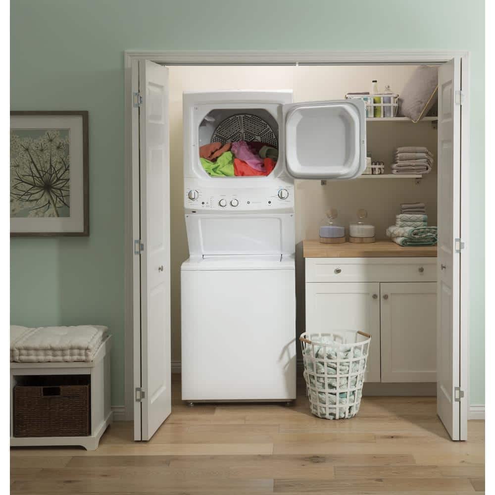 GE GUD27ESSMWW Unitized Spacemaker 3.8 Washer with Stainless Steel Basket and 5.9 Cu. Ft. Capacity Electric Dryer, White GE