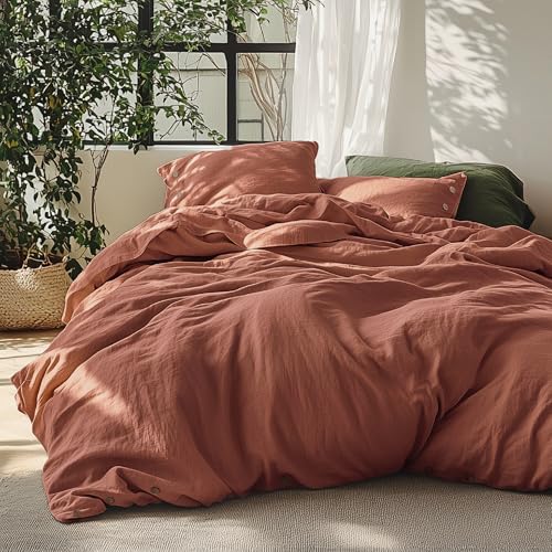 Bedsure Linen Duvet Cover King - Linen Cotton Blend Bedding Set, Soft & Cozy, 3 Pieces, 1 Duvet Cover 104x90 Inches and 2 Pillowcases, Burnt Orange Color Cooling Bedding, Comforter Sold Separately Bedsure