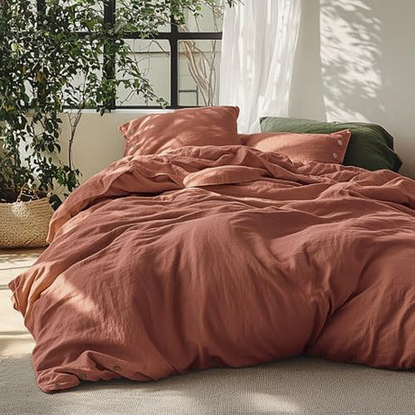 Bedsure Linen Duvet Cover King - Linen Cotton Blend Bedding Set, Soft & Cozy, 3 Pieces, 1 Duvet Cover 104x90 Inches and 2 Pillowcases, Burnt Orange Color Cooling Bedding, Comforter Sold Separately Bedsure