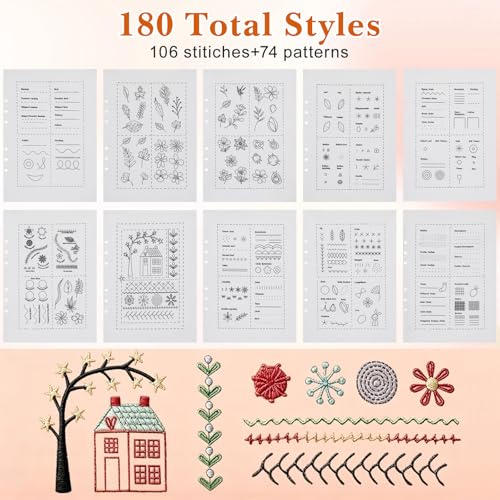 Tofficu 2026 Upgraded Embroidery Stitch Book - 180 Patterns Embroidery Starter Practice Book, Beginner Cross Stitch Supplies Kit with 6-Ring Binder 24-Color Threads & Tools for Adults DIY Craft Gift