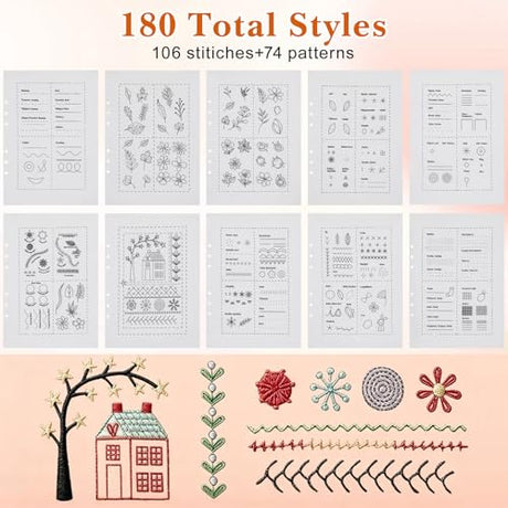 Tofficu 2026 Upgraded Embroidery Stitch Book - 180 Patterns Embroidery Starter Practice Book, Beginner Cross Stitch Supplies Kit with 6-Ring Binder 24-Color Threads & Tools for Adults DIY Craft Gift Tofficu