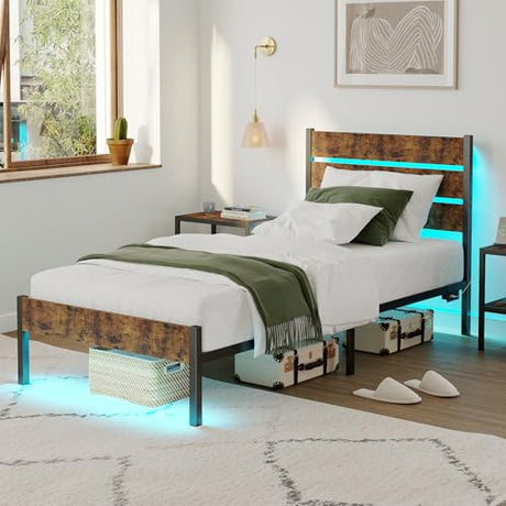 PUNICE Twin Size Bed Frame with Charging Station, LED Light Metal Bed Frame with Wooden Headboard, No Box Spring Required, No Noise, Easy Assembly, Rustic Brown PUNICE