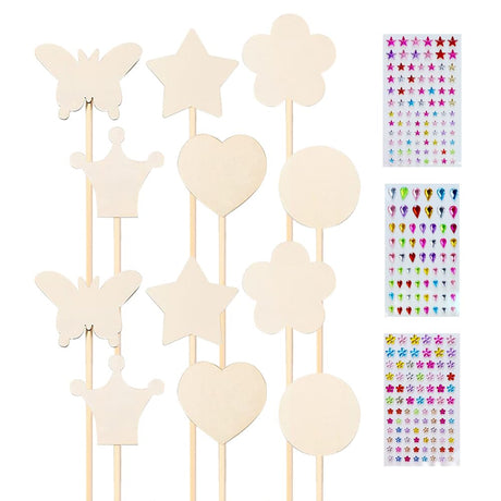 ccHuDE 18 Pcs 6 Styles Unfinished Wooden Princess Wands Wood Fairy Wands DIY Magical Wand Make Your Own Princess Wand with 3 Sheets Gem Stickers for Party ccHuDE