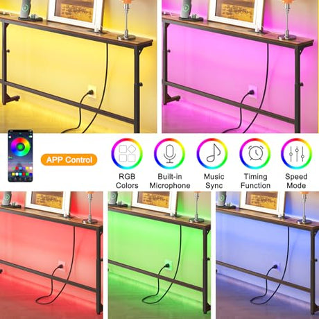 YGEOMER 79in Behind The Couch Table Skinny Adjustable Height Sofa Table with Outlet Narrow Console Table with LED Lights, Rustic Brown YGEOMER