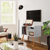 Possile Mid-Century Record Player Stand, Vinyl Record Cabinet Holder with Storage Up to 100 Albums, Record Player Table for Living Room Bedroom Office, Turntable Stand with Wood Legs, White Possile