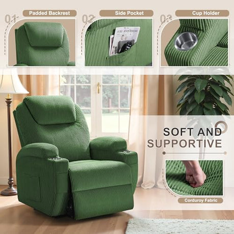 Flamaker Power Lift Recliner Chair Electric Lift Recliner for Elderly Power Lift Recliner Chair with Cup Holders Side Pockets for Living Room (Corduroy, Green) Flamaker