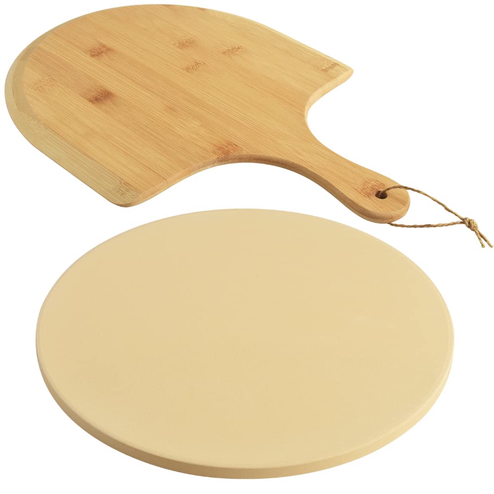 homEdge Pizza Stone Set, Heavy Duty Round Cordierite Baking Stone for Bread, Pizza, Thermal Shock Resistant Cooking Stone with Bamboo Pizza Peel Paddle for Oven and Grill-12 Inches (Diameter) homEdge