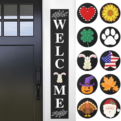 UBTKEY Welcome Sign for Front Door, Wood Outdoor Welcome Sign for Front Porch Standing with 10 Interchangeable Holiday Icons for Front Porch Decor Front Door Decorations, 47" x 7.9", Black - WoodArtSupply