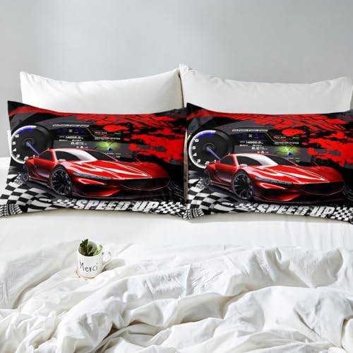 Feelyou Kids Twin Size Red Sports Car Bed Sheet Set for Boys & Girls, Race Car Bedding with Buffalo Plaid Bed Cover Feelyou