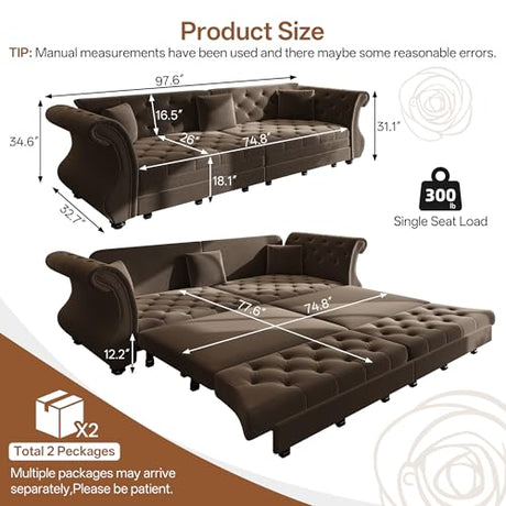 LuxyHoom 97.6'' Sleeper Sofa Bed King Size, Flower Tufted Pull Out Couch, Velvet Chesterfield Futon Couches, Modern 4 Seater Convertible Sofa, 3 Pillows for Living Room, Apartment, Offices, Brown LuxyHoom