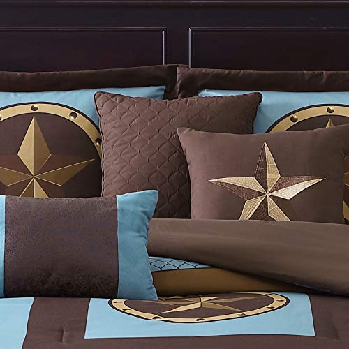 Chezmoi Collection Tulsa California King Bedding Set, 7-Piece Turquoise Brown Western Cowboy Oversized Comforter Set, Printed Texas Star Barbed Wire Chezmoi Collection