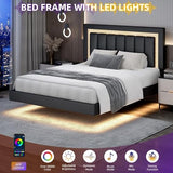 HOMBCK Floating Bed Frame Full with Smart LED Lights, Faux Leather Upholstered Bed Frame Full with Diamond Headboard, No Box Spring Needed, Noise Free, Easy Assembly, Black HOMBCK