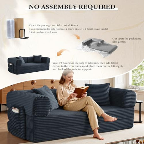 AUGOP Boneless Couch Folding Couches for Living Room Sofa, Futon Sofa Bed with Sleeper Sofa, Futon Couch with Fixed-Shape Oversized Corduroy Upholstered (Dark Gray, 81 Inches) AUGOP