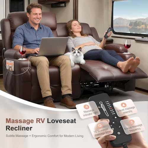 Furgatti Reclining Loveseat, 55.1" RV PU Leather Wall Hugger Recliner Love Seats Sofa with USB-A/Type C Charging Station, Cup Holder, Double Recliners Couch, Manual Love Seat for RV & Gaming Room