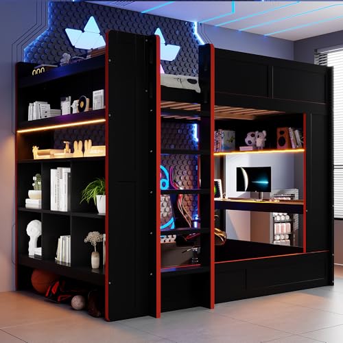 MaiDeHaoo Full Size Gaming Bunk Bed with Desk and Storage Shelves, LED Bunk Bed with Charging Station for Teens Adults, Black MaiDeHaoo