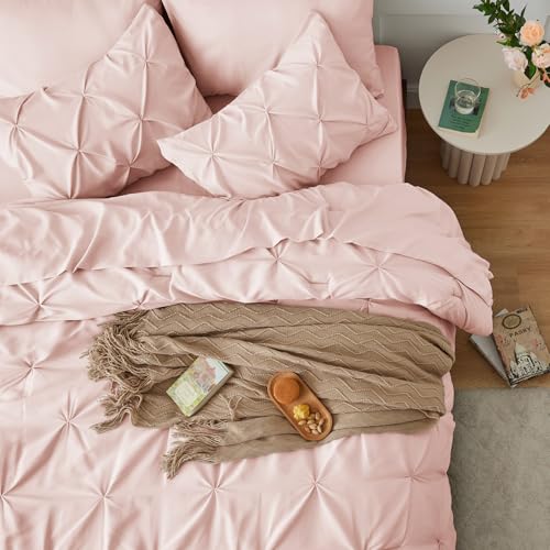 CozyLux Twin XL Comforter Set Blush Pink, 5 Pieces Twin Extra Long Pintuck Bed in A Bag for College Dorm, Pinch Pleat Bedding Set with Comforter, Sheets, Pillowcase & Sham CozyLux