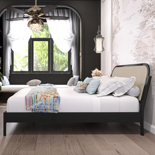 Aurelia Queen Size Bed Frame - Stylish Black Bohemian & Mid Century Modern Design with Solid Wood Support - WoodArtSupply