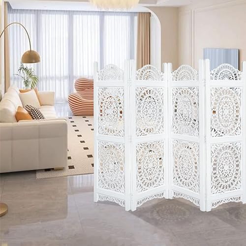 Lightnpro 4-Panel Wooden Room Divider 48 × 64 Inch Antique White Finish - Hand-Carved Oval Folding Privacy Screen, Pre-Assembled Decorative Partition for Living Room, Bedroom & Home Office Light & Pro