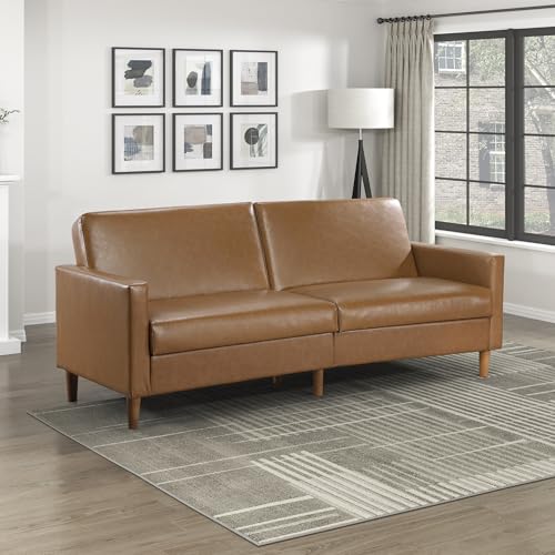 Lexicon 79"W Convertible Futon Sofa Bed, Loveseat, Faux Leather Upholstered Couch Sleeper, Adjustable Backrests, Padded Pocket Coil, Solid Wood Legs for Living Room, Bedroom, Apartment, Office, Camel Lexicon