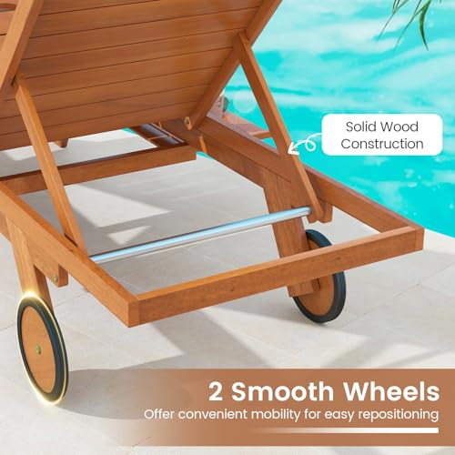 Tangkula Lounge Chair Outdoor with Wheels, Patio Wood Chaise Lounge with 4-Position Adjustable Backrest & Leg Area, Extendable Side Table, Pool Sunbathing Reclining Lounger for Outside Backyard (1)