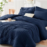 HYMOKEGE Navy Blue King Size Comforter Set Seersucker 7 Pieces, All Season Luxury Bed in a Bag for Bedroom, Bedding Set with Comforters, Sheets, Pillowcases & Shams HYMOKEGE