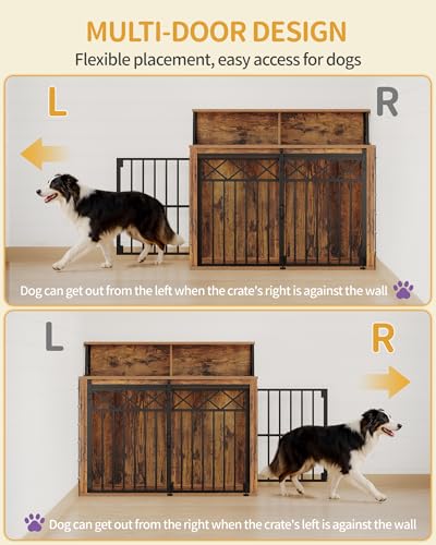 Hzuaneri 39.4'' Dog Crate Furniture, Large Wooden Dog Crate with Storage and 3 Doors, Indoor Kennel for Medium/Large Dogs, End Table with Barn Door, Chew-Proof and Escape-Proof, Rustic Brown DFC87401B Hzuaneri