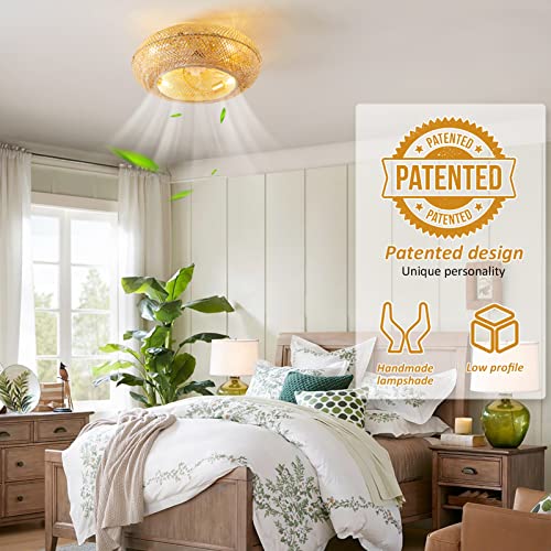 ainqiant Boho Caged Ceiling Fan with Light Flush Mount, 20 Inch Enclosed Rattan Ceiling Fans with Lights and Remote Control,Low Profile 6 Speeds for Bedroom, Living Room