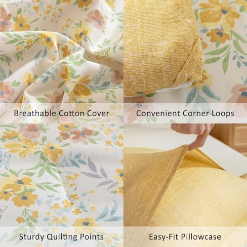 ALEISSEL Natural Cotton 2pcs Floral Comforter Sets Twin Size-Yellow Comforter with Pink & Yellow Flowers and Blue & Green Leaves on White, Reversible Lightweight Bedding Sets(Twin 68"×90") ALEISSEL