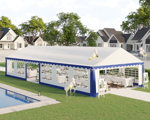 AMERLIFE 20 x 40 FT Party Tent with Rolled Sidewalls, Heavy Duty Wedding Tent for Party Outside with Zinc Alloy Tube & Spiral Stakes, Waterproof Event Shelters, White & Blue AMERLIFE