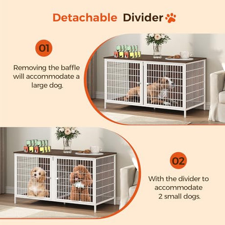 MAHANCRIS Dog Crate Furniture for 2 Dogs, 43.3" Dog Kennel with Removable Divider, Heavy Sturdy Dog Furniture Style Double Cage for Small Medium Dogs, Indoor Pet House End Table, White and Walnut MAHANCRIS