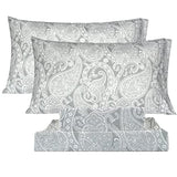 KACEMOO Bed Sheets Twin Size Light Gray Paisley Sheets Printed Floral Sheet Set Flower Pattern Deep Pocket Fitted Bed Sheet Set Microfiber Soft Breathable 1800 Thread Count Single Bedding Set KACEMOO