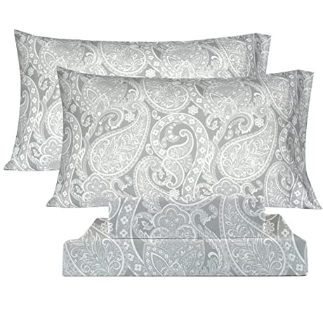 KACEMOO Bed Sheets Twin Size Light Gray Paisley Sheets Printed Floral Sheet Set Flower Pattern Deep Pocket Fitted Bed Sheet Set Microfiber Soft Breathable 1800 Thread Count Single Bedding Set KACEMOO