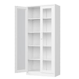 PEUKC Display Cabinet with Glass Doors, 67-inch Curio Cabinets with 4 Adjustable Shelves, HD&Tempered Glass Cabinet Display Case for Home, Office, Clinic, Pantry, Assemble Required, White PEUKC