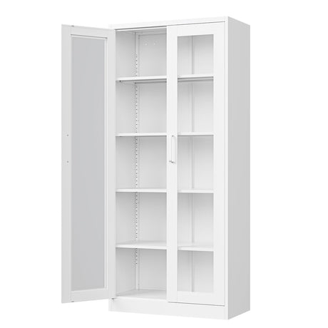 PEUKC Display Cabinet with Glass Doors, 67-inch Curio Cabinets with 4 Adjustable Shelves, HD&Tempered Glass Cabinet Display Case for Home, Office, Clinic, Pantry, Assemble Required, White PEUKC