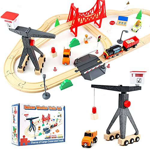 WOOD CITY Wooden Train Set, 56-Piece Deluxe Kids Toy Train Set for 2 3 4 5 Year Old Boy, Cargo-Themed Train Track with Tower Crane & Suspension WOOD CITY