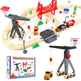 WOOD CITY Wooden Train Set, 56-Piece Deluxe Kids Toy Train Set for 2 3 4 5 Year Old Boy, Cargo-Themed Train Track with Tower Crane & Suspension WOOD CITY