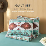 Wake In Cloud - Western Quilt Set, Southwestern Aztec Country Style with Rustic Ranch Vibe, Reversible Lightweight Bedspread Coverlet, 3 Pieces, Turquoise Brown, Twin/Twin XL Size Wake In Cloud