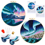 Aurora Borealis Embroidery Starter Kits for Beginners Adults, Stamped Cross Stitch Kit for Adult Beginner, Hand Embroidery Needlepoint Kit, 2 Set Embroidery Supplies, 2 Hoops (Attached Video Tutorial)