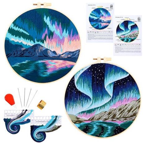 Aurora Borealis Embroidery Starter Kits for Beginners Adults, Stamped Cross Stitch Kit for Adult Beginner, Hand Embroidery Needlepoint Kit, 2 Set Embroidery Supplies, 2 Hoops (Attached Video Tutorial) Armindou