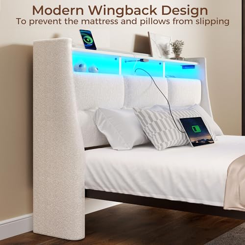 Rolanstar Twin Size Bed Frame with LED Lights and Charging Station, Upholstered Headboard with 2-Tier Storage Shelves, Heavy Duty Metal Frame, Noise-Free Support, Easy Assembly, No Box Spring Needed Rolanstar